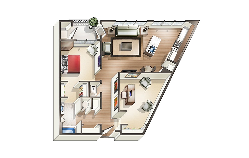 Apartment B2 - 1 bedroom floorplan layout with 1 bath and 921 square feet. (3D)