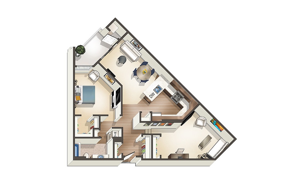 Apartment B3 - 1 bedroom floorplan layout with 1 bath and 1051 square feet. (3D)