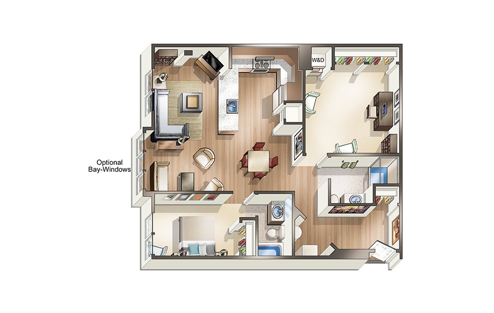 Apartment C1 - 1 bedroom floorplan layout with 2 baths and 1105 square feet. (3D)