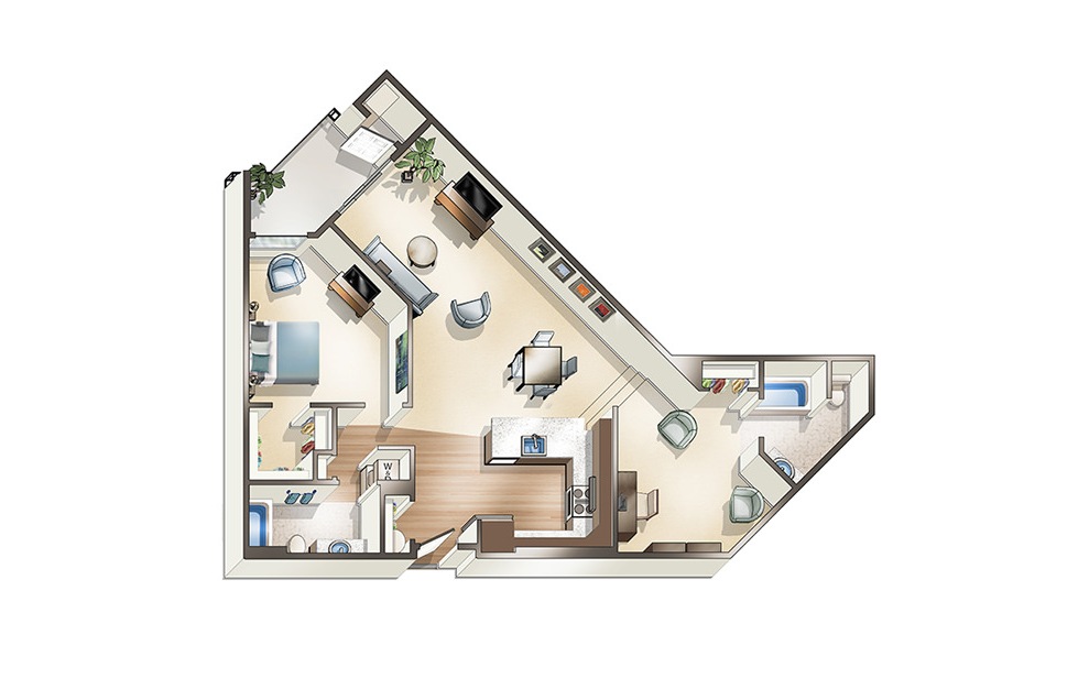 Apartment C2 - 1 bedroom floorplan layout with 2 baths and 1151 square feet. (3D)