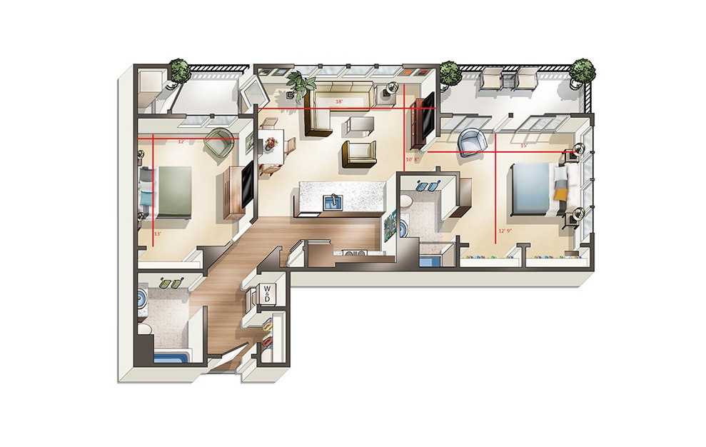 Apartment D2 - 2 bedroom floorplan layout with 2 baths and 1042 square feet. (3D)