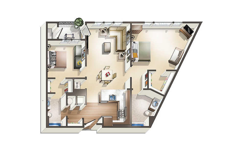 Apartment D3 - 2 bedroom floorplan layout with 2 baths and 1147 square feet. (3D)
