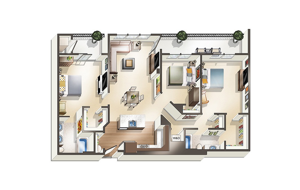 Apartment E1 - 3 bedroom floorplan layout with 2 baths and 1365 square feet. (3D)