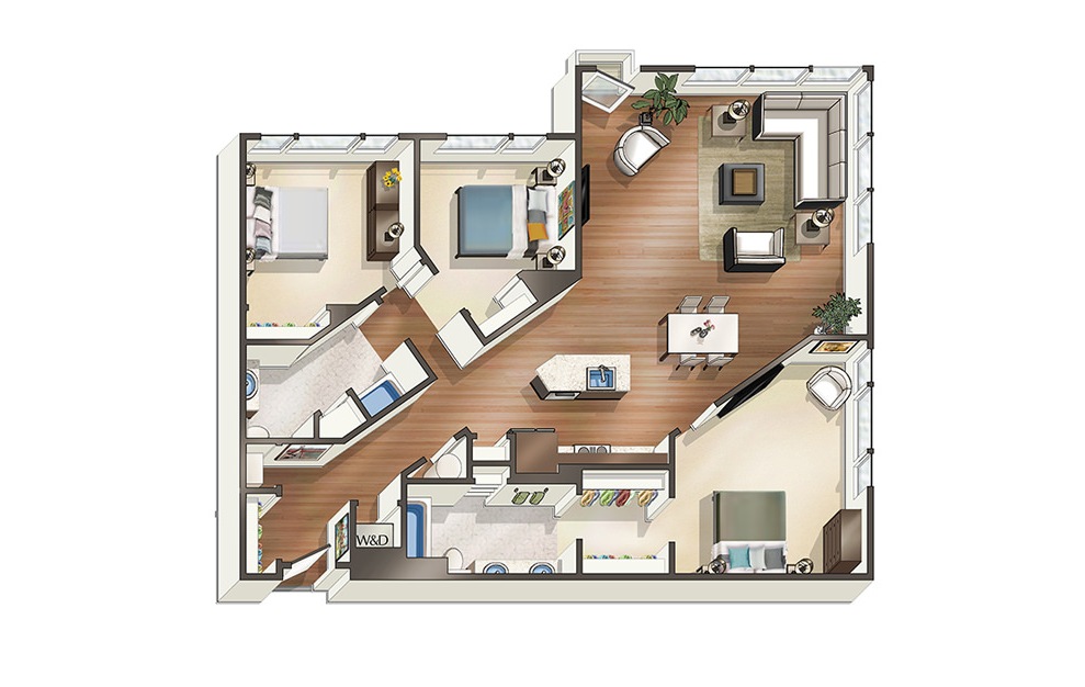 Apartment E2 - 3 bedroom floorplan layout with 2 baths and 1449 square feet. (3D)