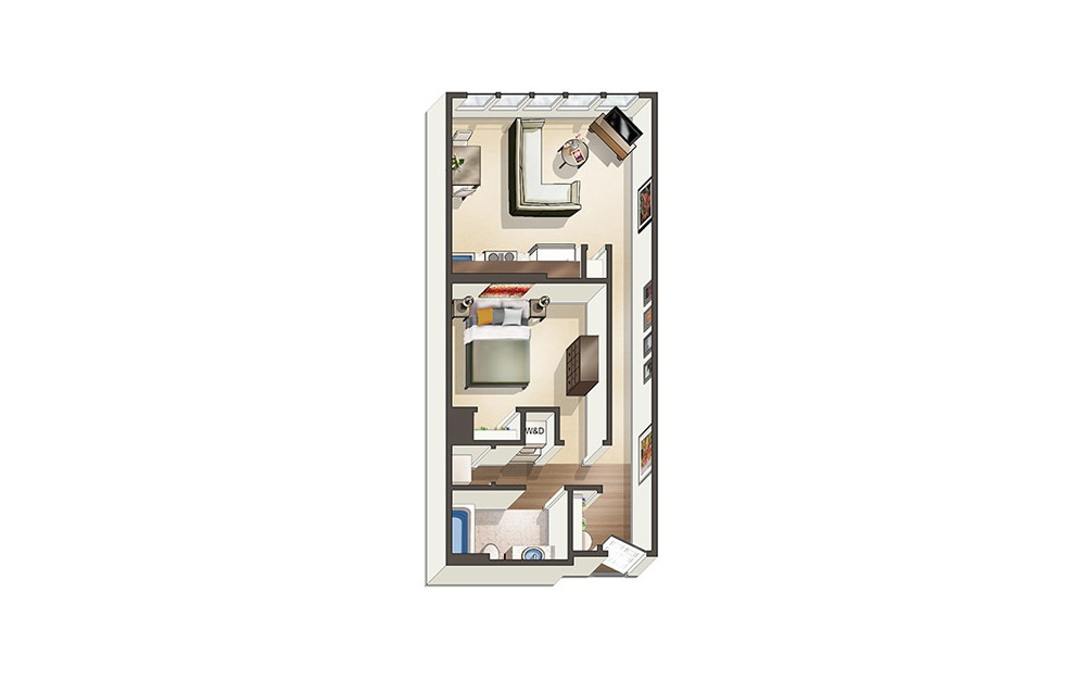 Apartment S1 - Studio floorplan layout with 1 bath and 611 square feet. (3D)